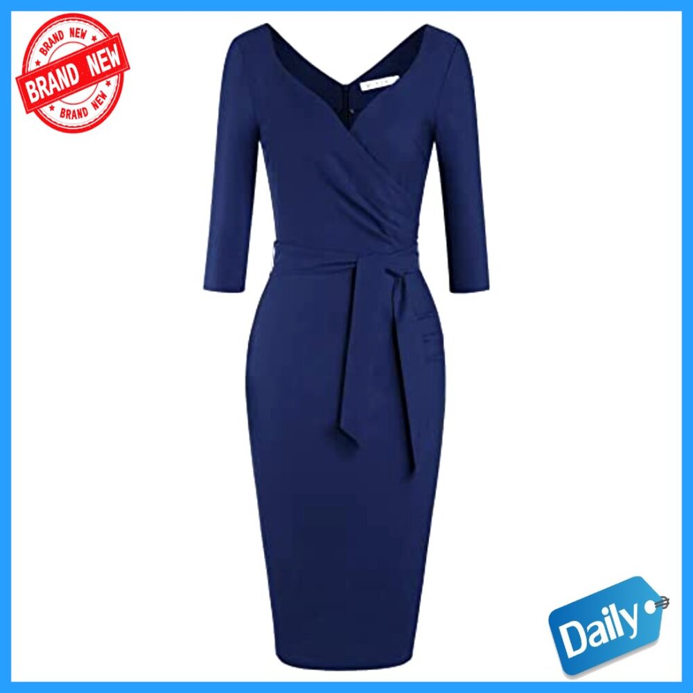 Vintage Faux Wrap V Neck 3/4 Sleeve Formal Classic Party Work Dress with Belt - Picture 5 of 7